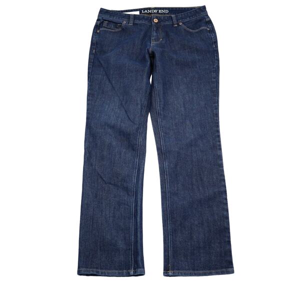 Lands End Pants Womens 8 Blue Straight Dark Wash Mid Rise Denim Button Jeans - Picture 1 of 16